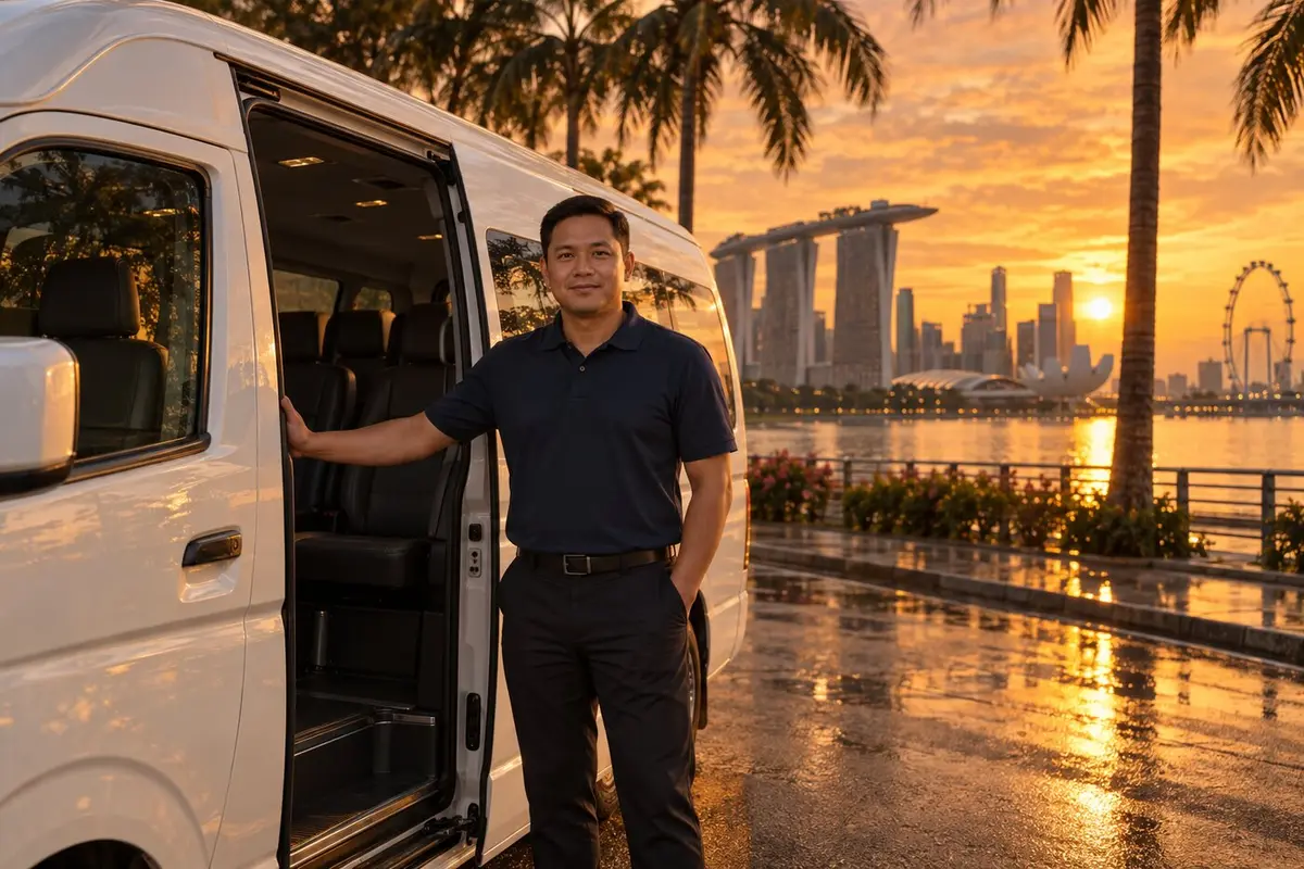 A driver at the open door of a high-roof van on the Marina Bay waterfront